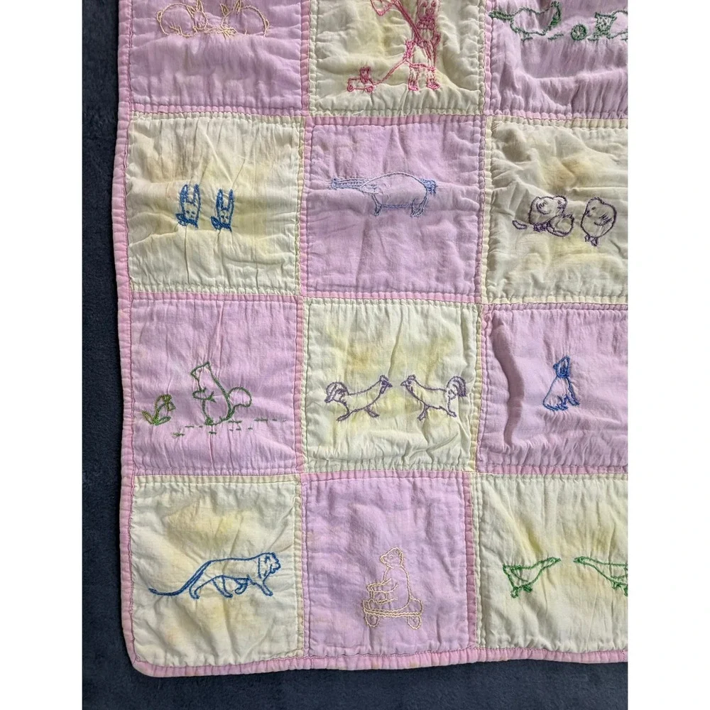 1940's Handmade Baby Quilt Pink Yellow Patchwork Embroidered Animal Nursery Folk